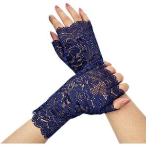 Women's Evening Classic Navy Blue Fingerless Floral Short Banquet Lace Gloves